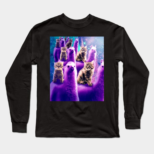 Outer Space Galaxy Kitty Cat Riding On Llama Long Sleeve T-Shirt by Random Galaxy